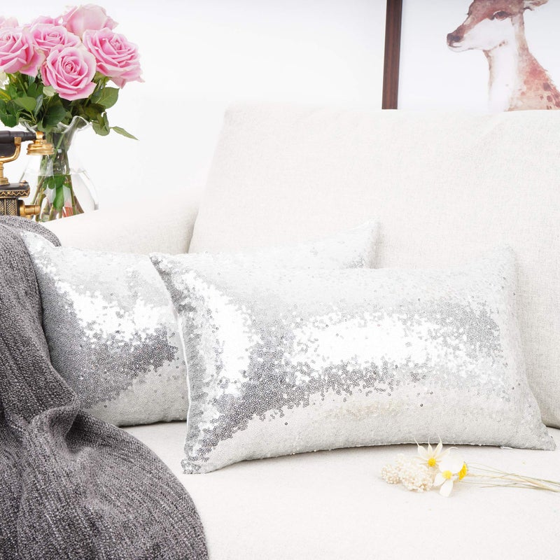 YOUR SMILE Pack of 2,YOUR SMILE New Luxury Series Silver Decorative Glitzy Sequin & Comfy Satin Solid Throw Pillow Cover Cushion Case for Wedding/Christmas,12" x 20" - Image 2